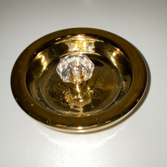 Small Trinket Ring Dish Gold Tone Ceramic with Faux Diamond Knob - Picture 3 of 4